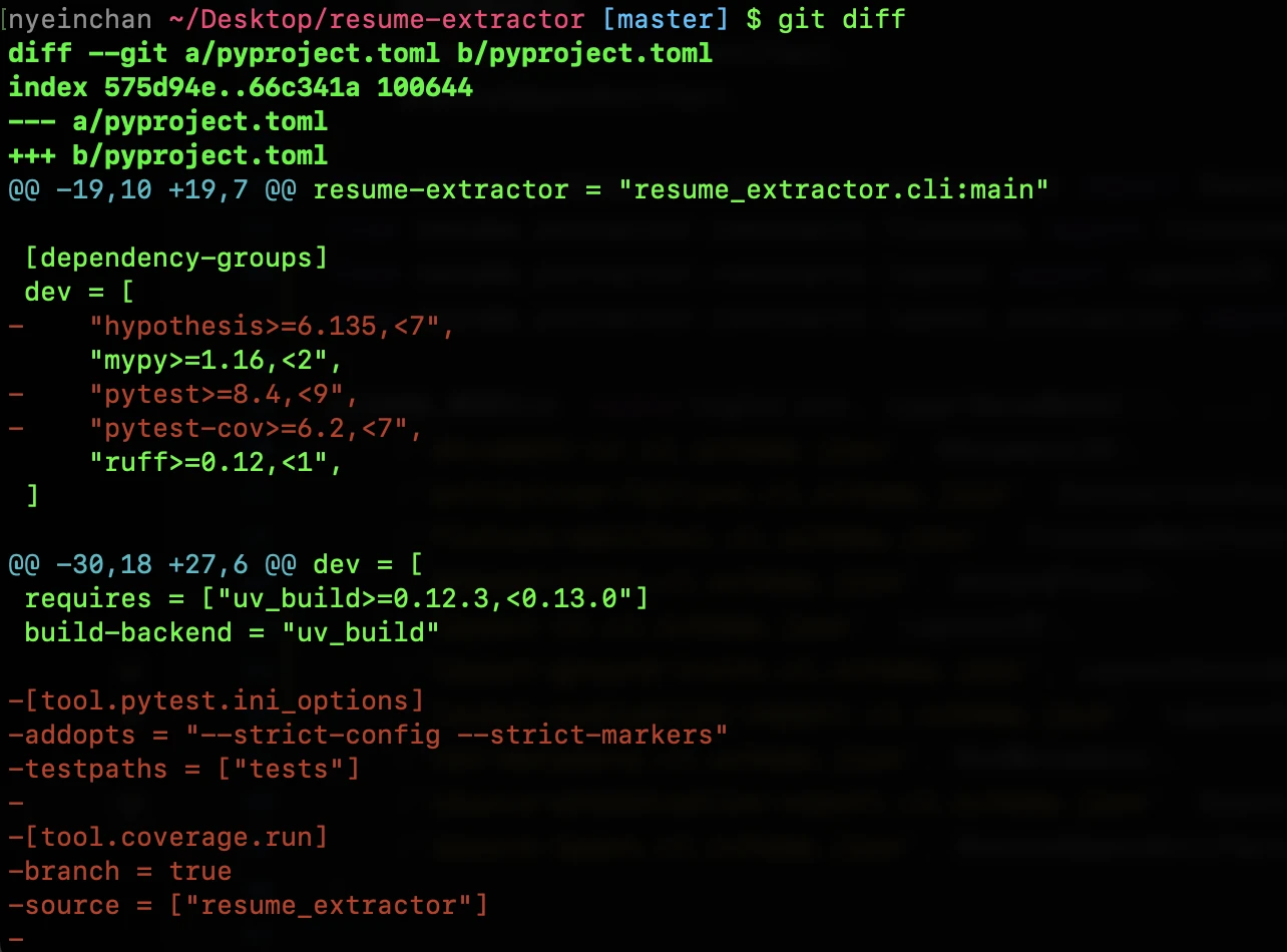 Terminal showing git diff output for project changes